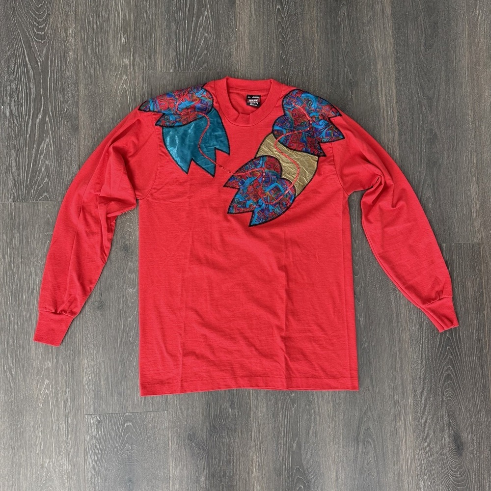 Vintage 90's Best Fruit Of The Loom USA Appliqué Artsy Long Sleeve Red Top Sz L
